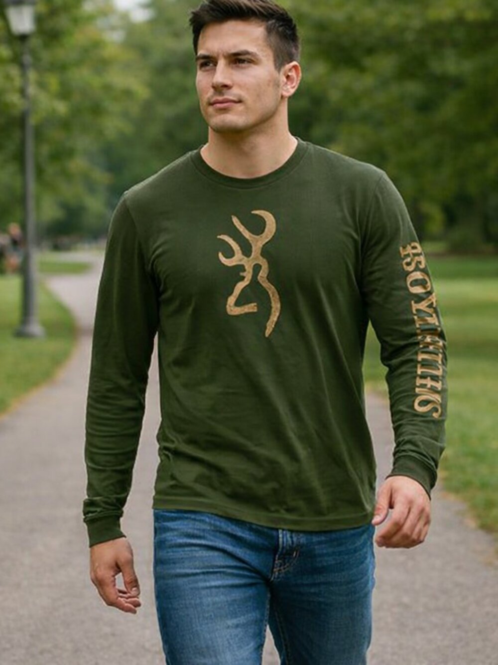 Browning Gold Logo Sleeve Spellout Green Preppy Graphic Athletic Y2K Shirt Men M